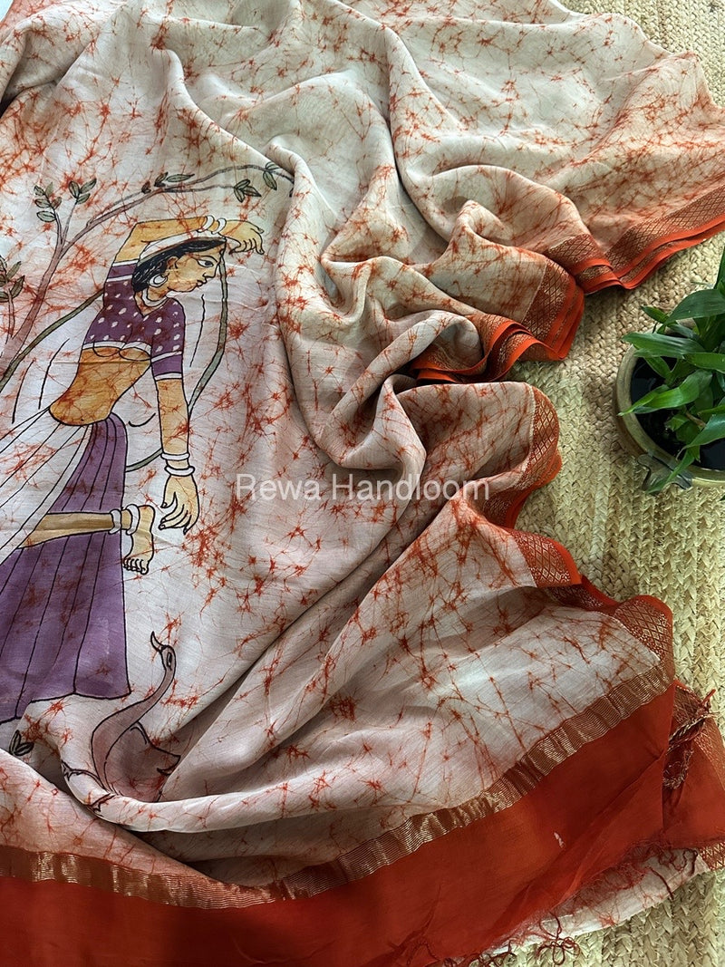 Maheshwari Orange Batik Figure Handpainted Saree MFPS024