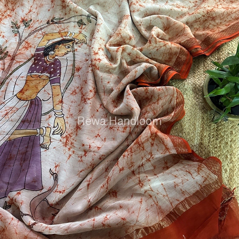Maheshwari Orange Batik Figure Handpainted Saree MFPS024
