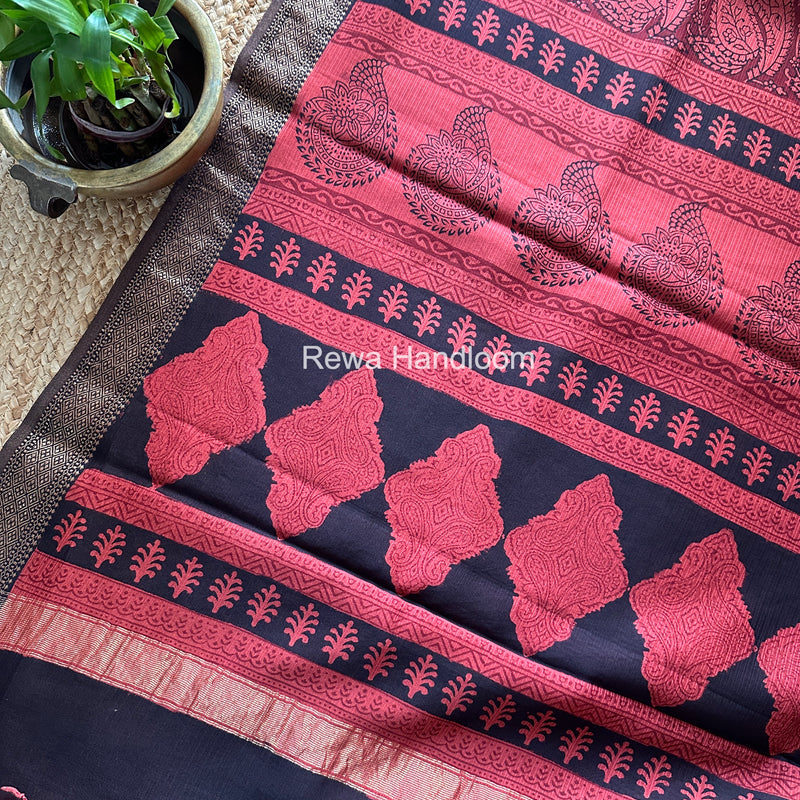 Maheshwari Black Bagh Print Small Border Saree MTBS146