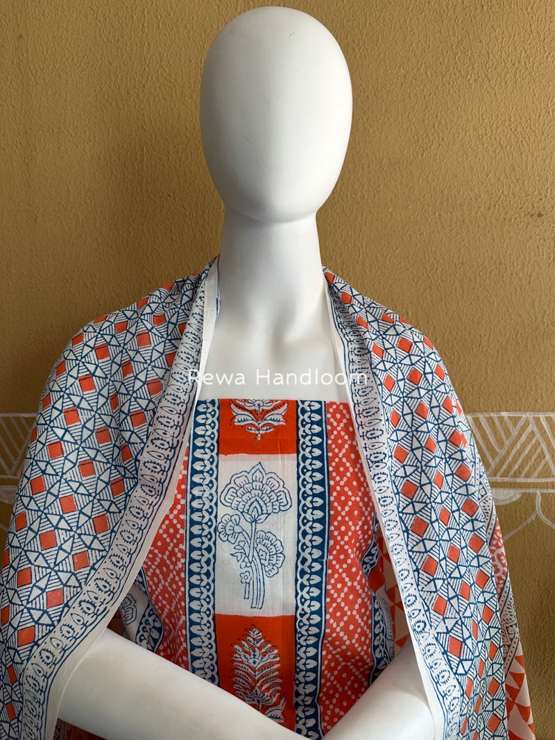 Orange-White Indigo Bagh Print Suit BCI069