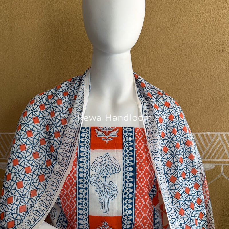 Orange-White Indigo Bagh Print Suit BCI069