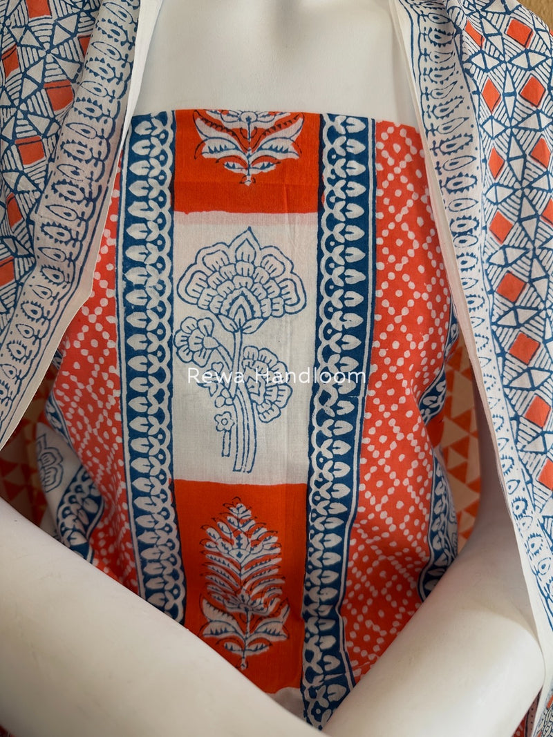 Orange-White Indigo Bagh Print Suit BCI069
