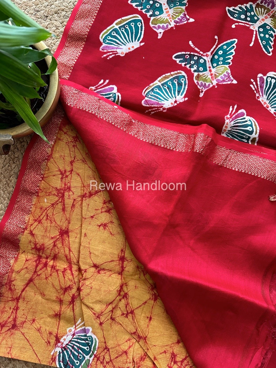 Maheshwari Mustard Yellow Batik Indonesian Print Saree IBS056