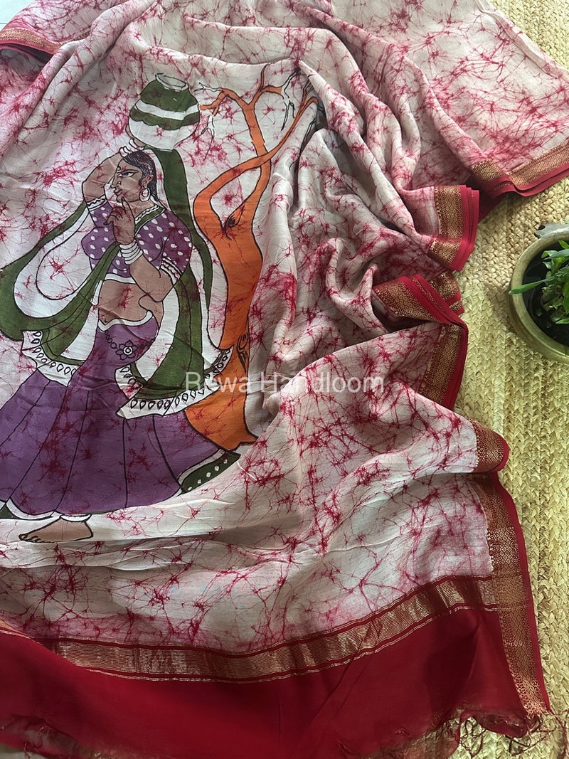 Maheshwari Pink Batik Figure Handpainted Saree MFPS025