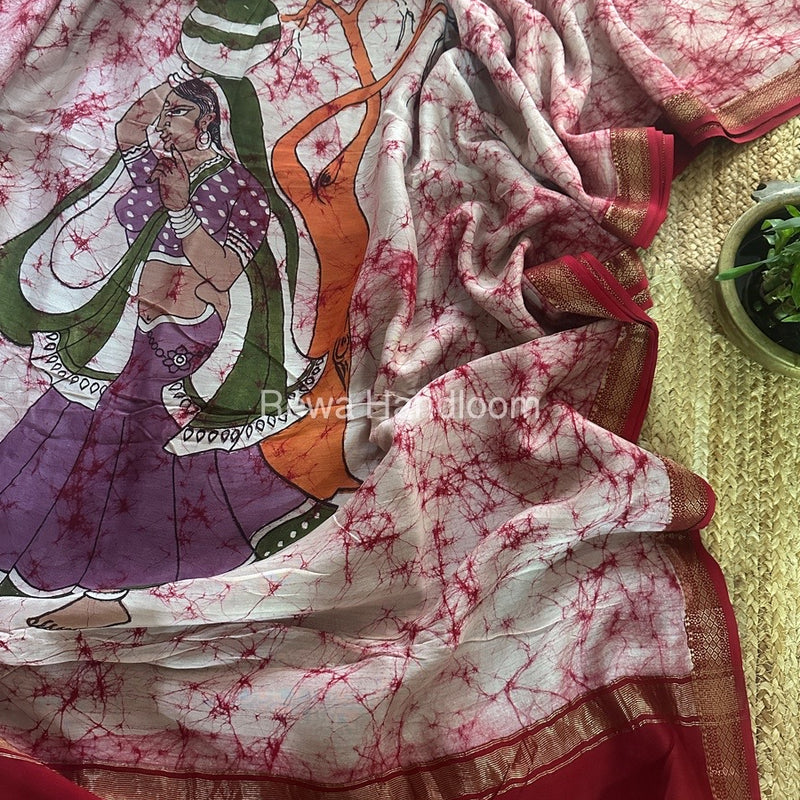 Maheshwari Pink Batik Figure Handpainted Saree MFPS025