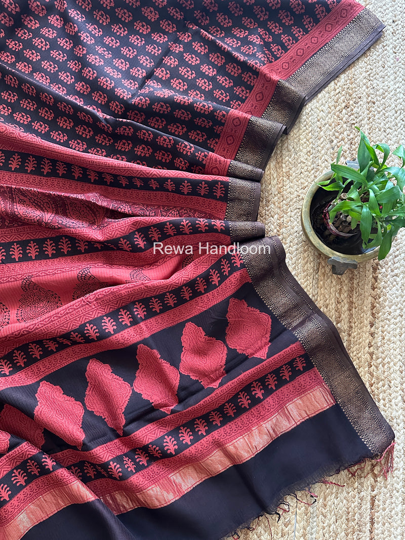 Maheshwari Black Bagh Print Small Border Saree MTBS146