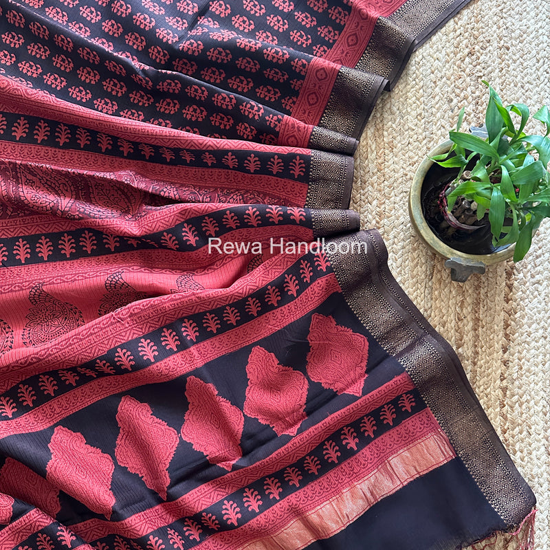 Maheshwari Black Bagh Print Small Border Saree MTBS146