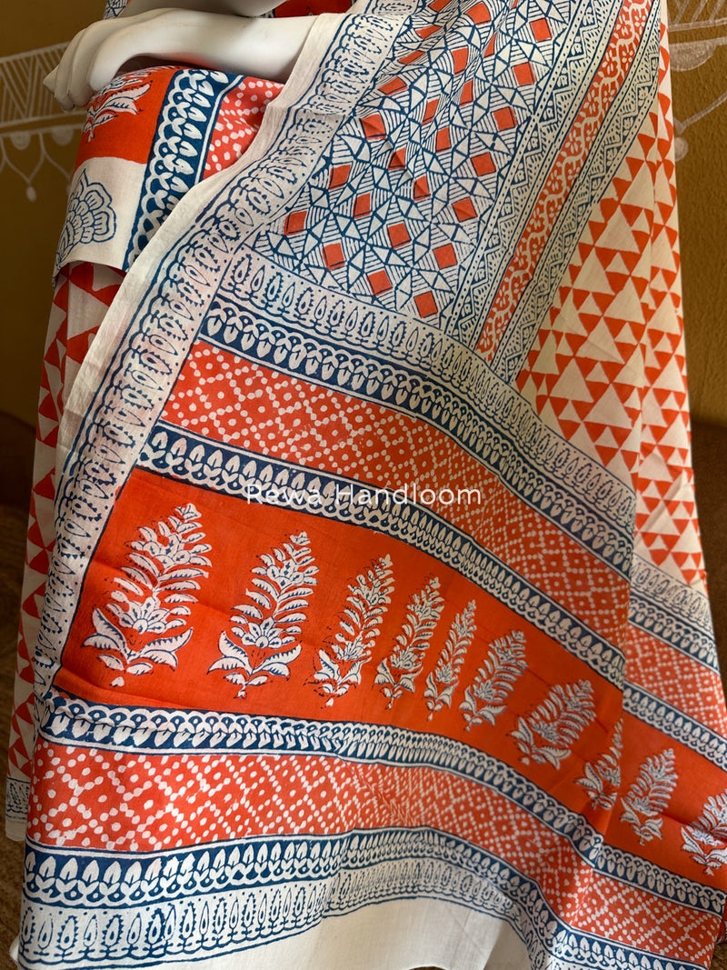 Orange-White Indigo Bagh Print Suit BCI069