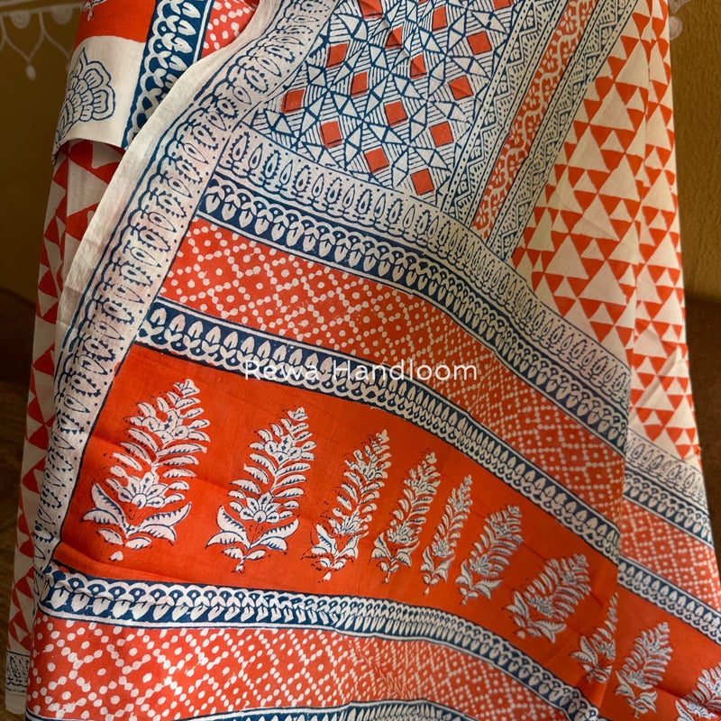 Orange-White Indigo Bagh Print Suit BCI069