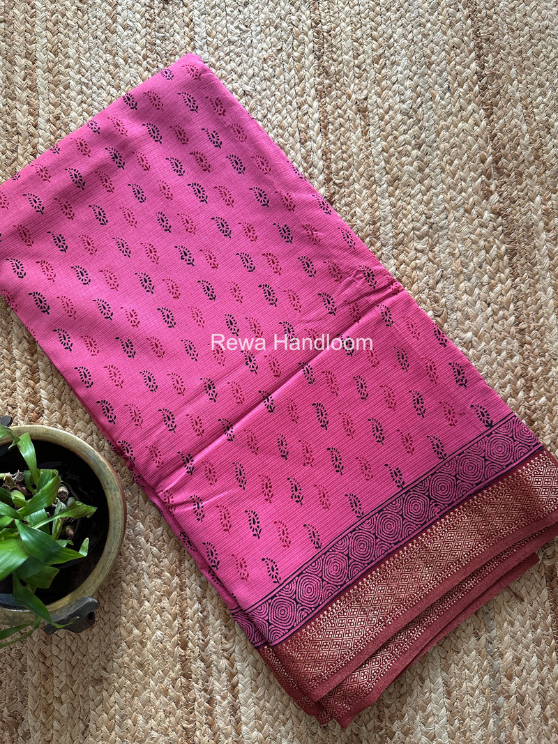 Maheshwari Pink Bagh Print Small Border Saree MTBS148