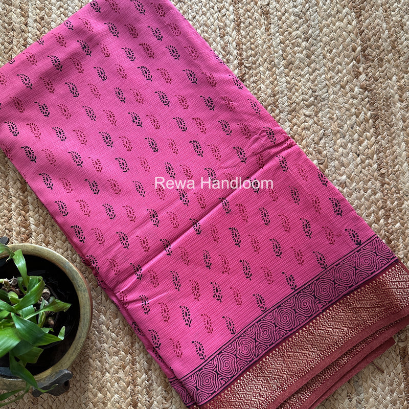 Maheshwari Pink Bagh Print Small Border Saree MTBS148
