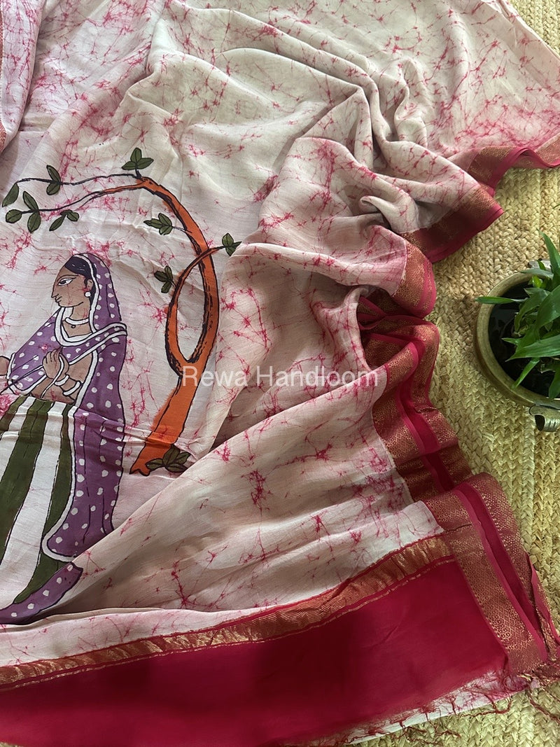 Maheshwari Pink Batik Figure Handpainted Saree MFPS012