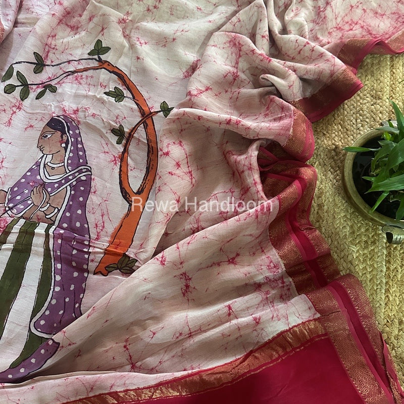 Maheshwari Pink Batik Figure Handpainted Saree MFPS012