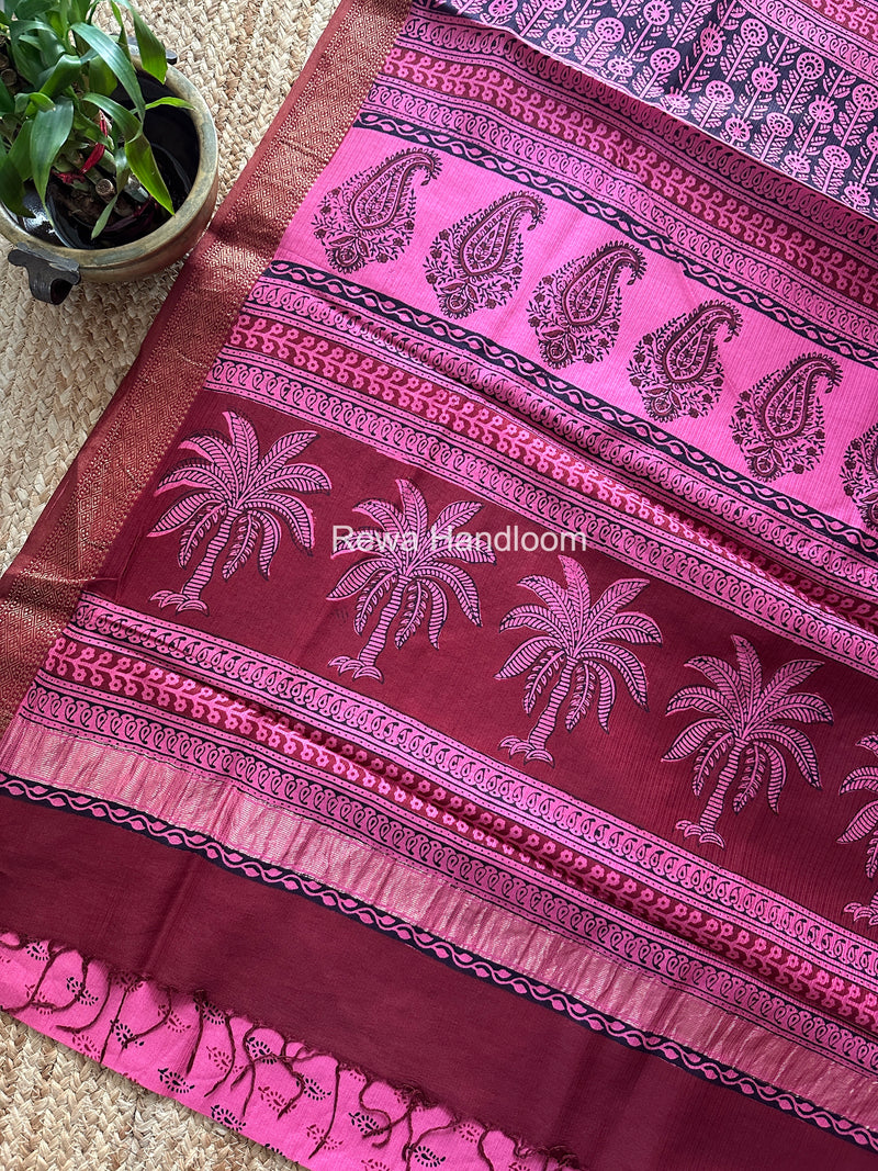 Maheshwari Pink Bagh Print Small Border Saree MTBS148