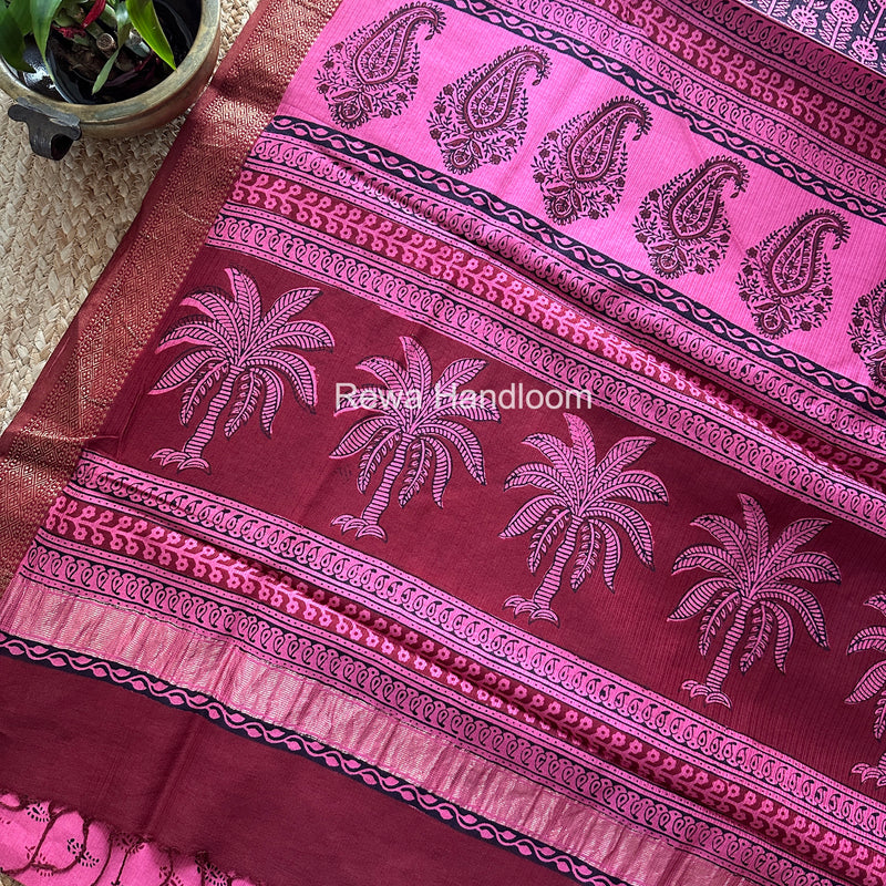 Maheshwari Pink Bagh Print Small Border Saree MTBS148