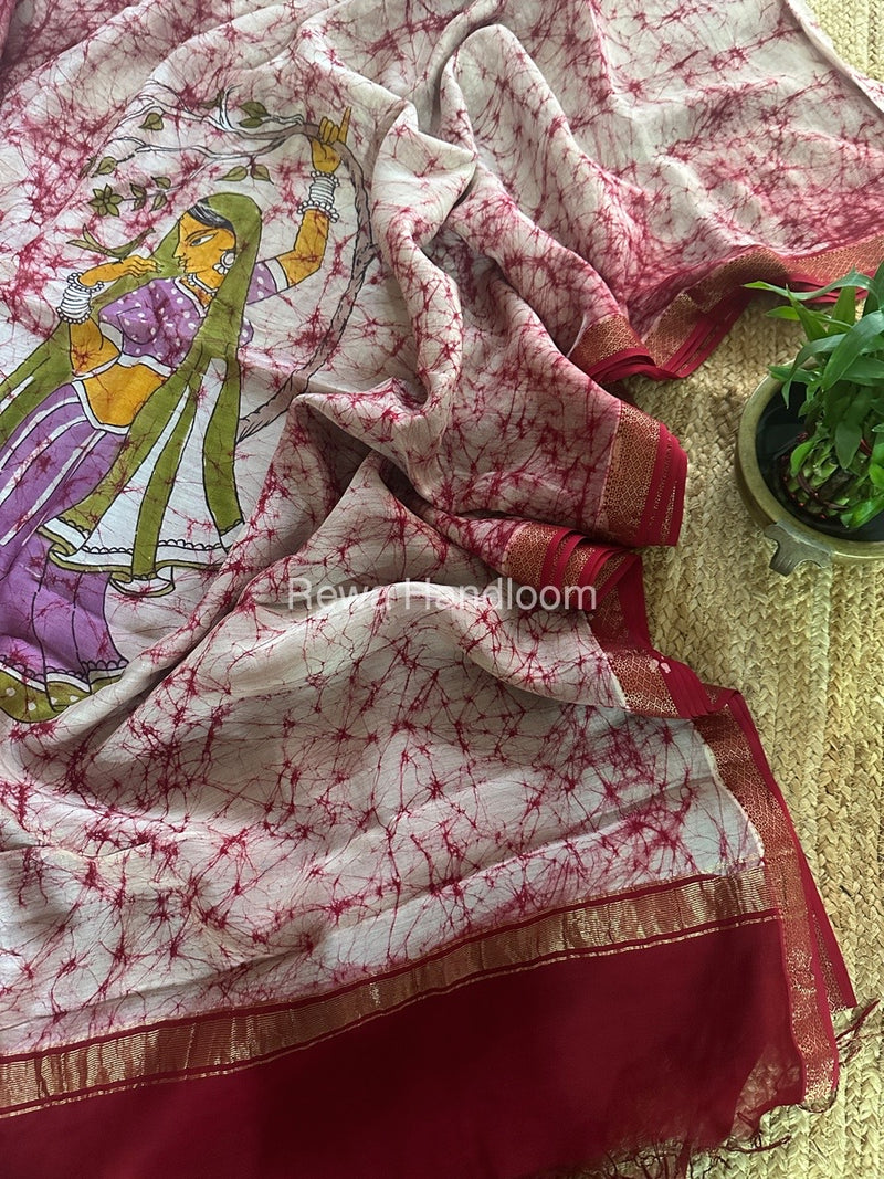 Maheshwari Pink Batik Figure Handpainted Saree MFPS09