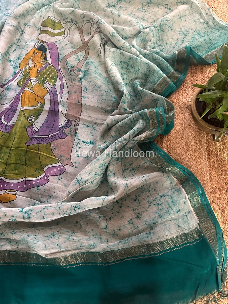 Maheshwari Aqua Green Batik Figure Handpainted Saree MFPS020