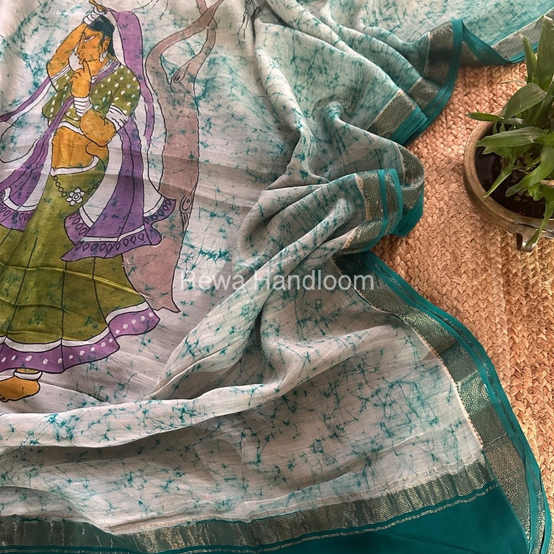 Maheshwari Aqua Green Batik Figure Handpainted Saree MFPS020
