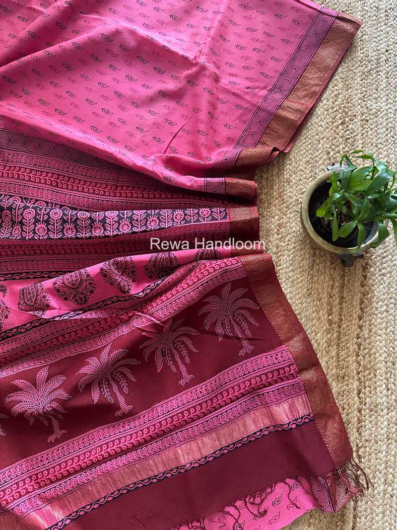 Maheshwari Pink Bagh Print Small Border Saree MTBS148