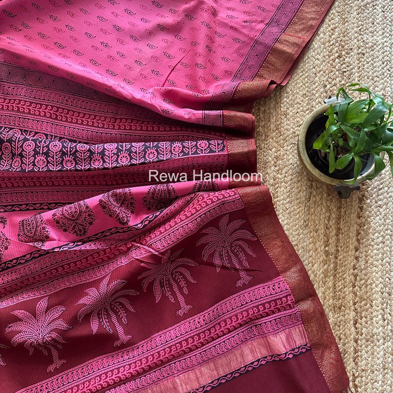 Maheshwari Pink Bagh Print Small Border Saree MTBS148