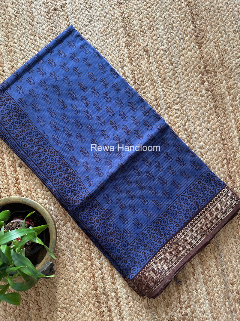 Maheshwari Blue Bagh Print Small Border Saree MTBS142