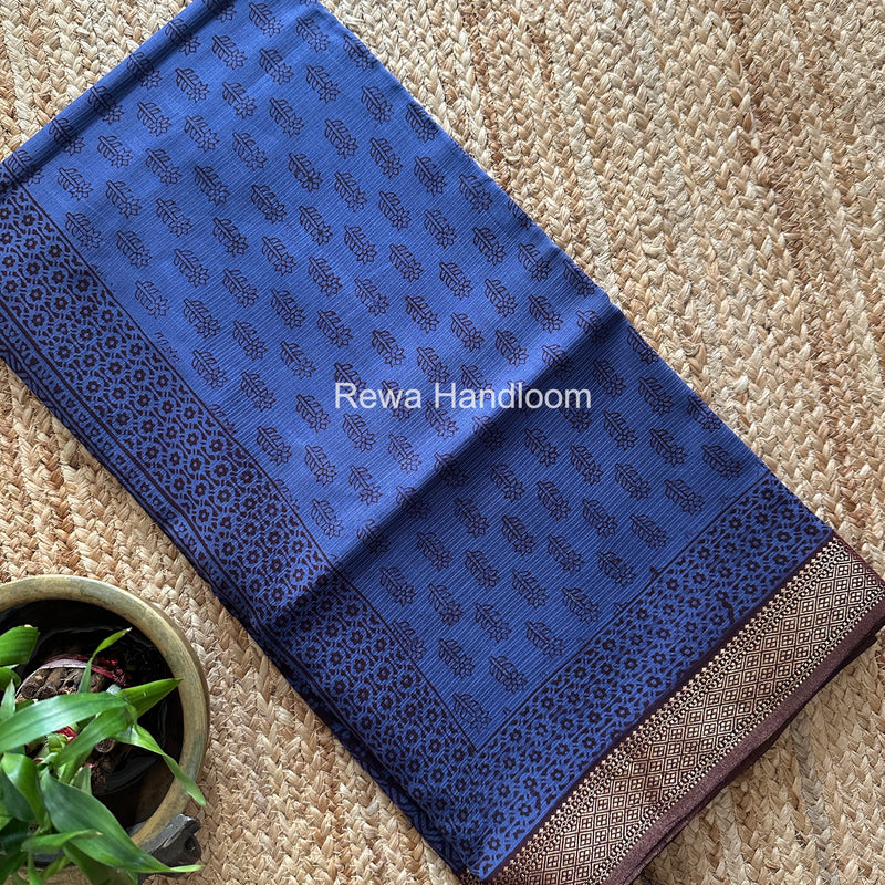 Maheshwari Blue Bagh Print Small Border Saree MTBS142