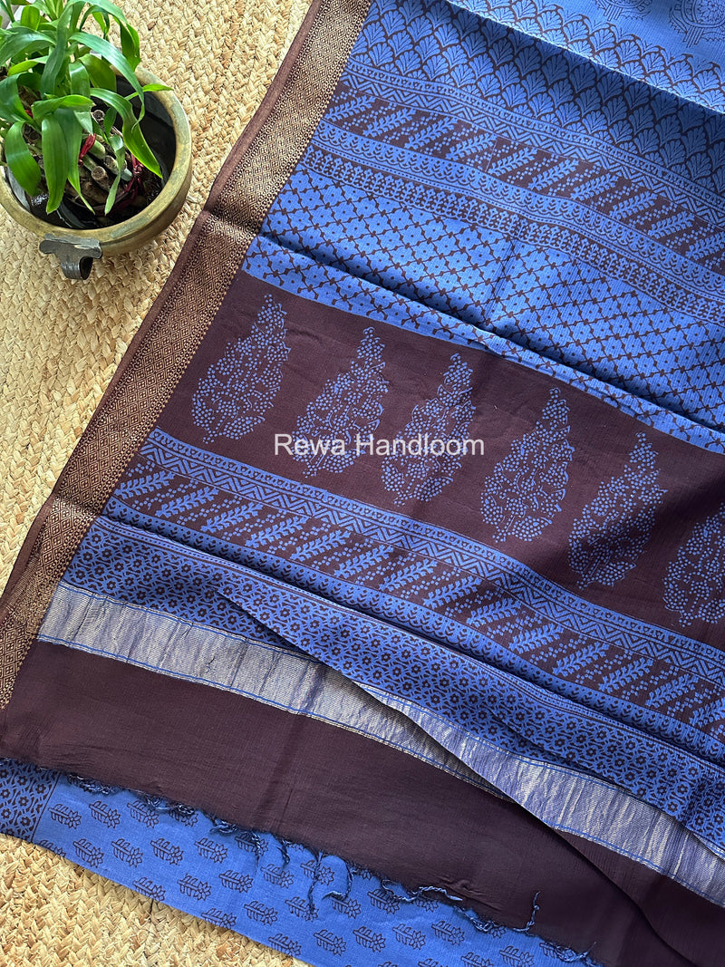 Maheshwari Blue Bagh Print Small Border Saree MTBS142