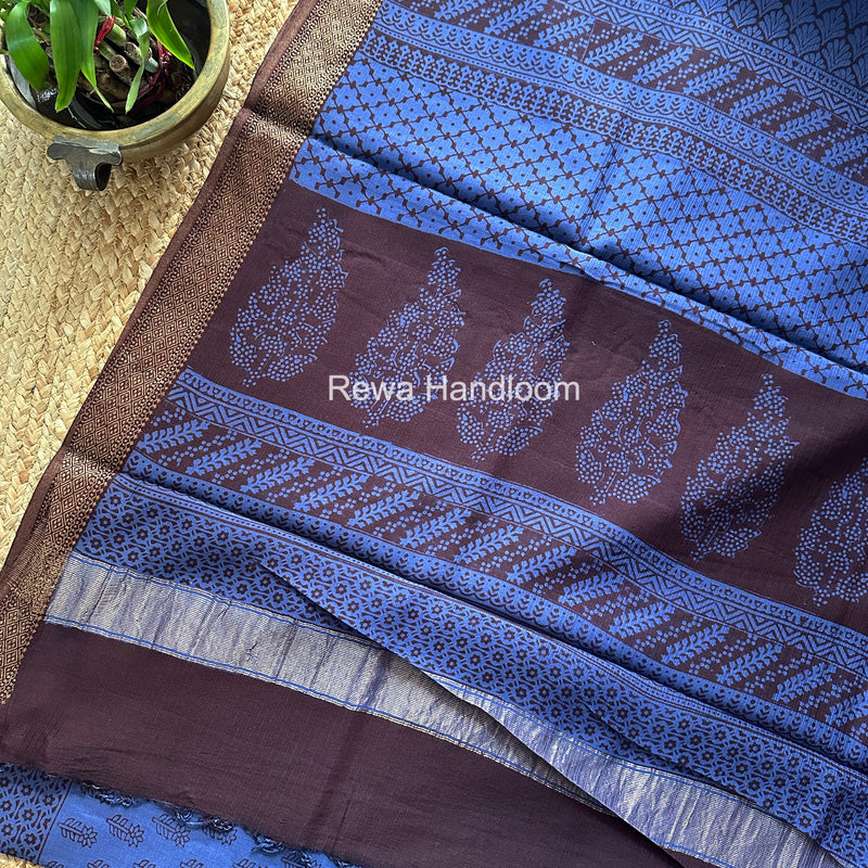 Maheshwari Blue Bagh Print Small Border Saree MTBS142