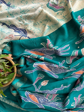 Maheshwari Green Batik Indonesian Print Saree IBS2050