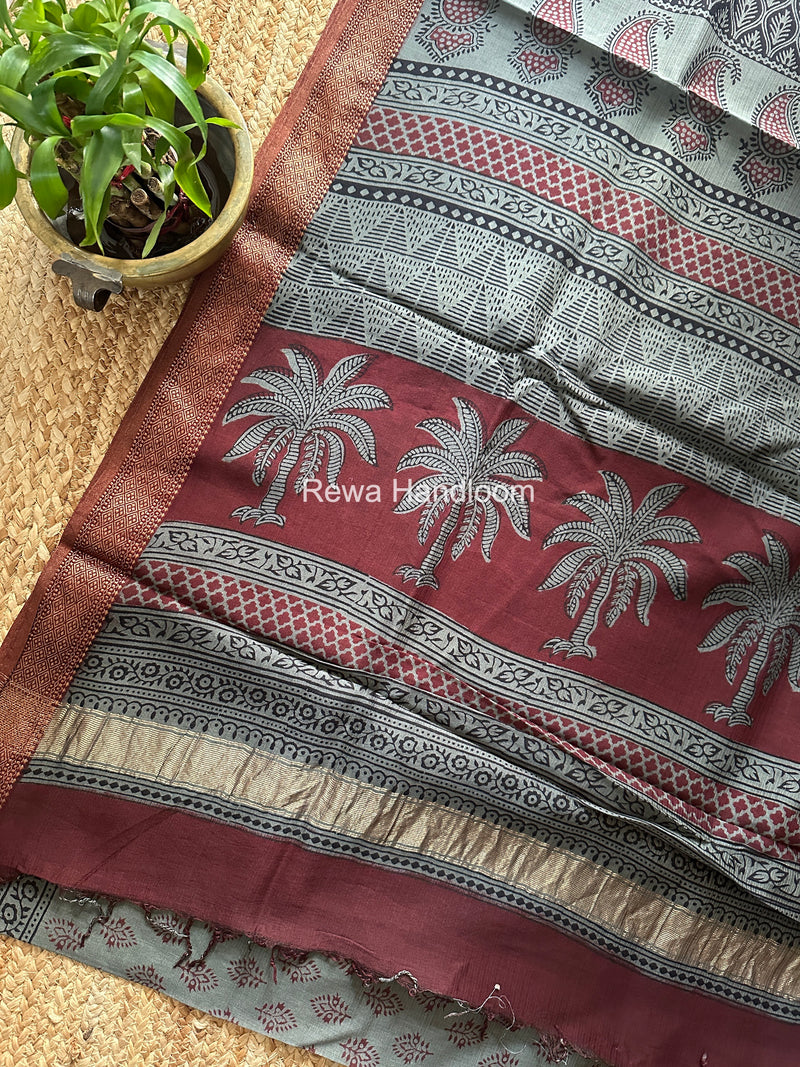 Maheshwari Grey Bagh Print Small Border Saree MTBS143