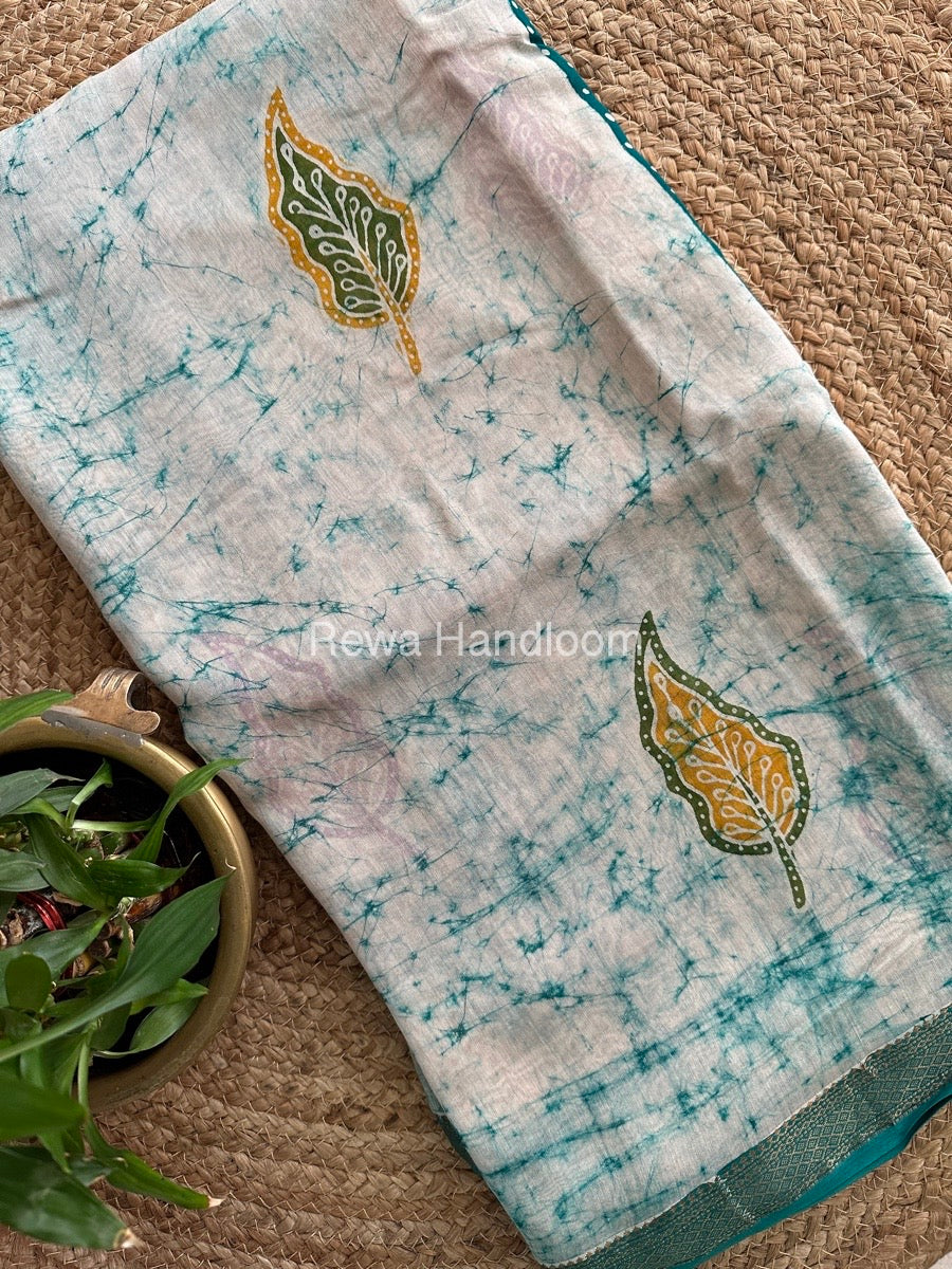 Maheshwari Bottle Green Batik Indonesian Print Saree IBS049