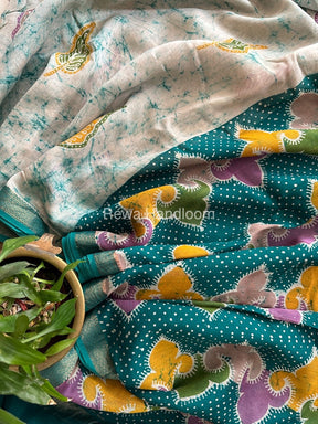 Maheshwari Bottle Green Batik Indonesian Print Saree IBS049