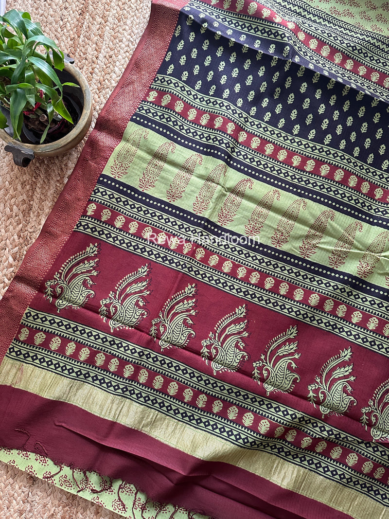 Maheshwari Green Bagh Print Small Border Saree MTBS184