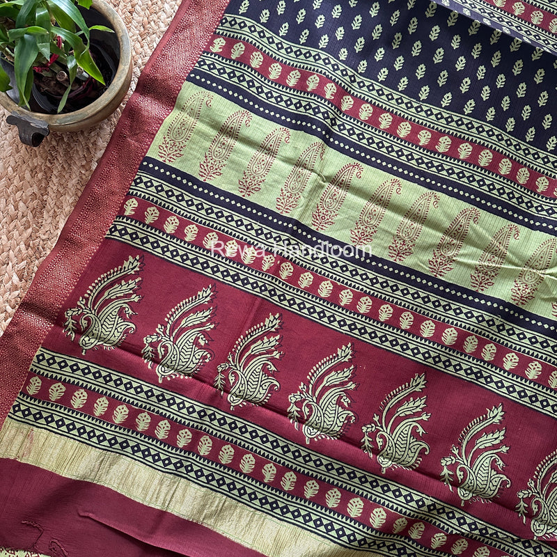Maheshwari Green Bagh Print Small Border Saree MTBS184