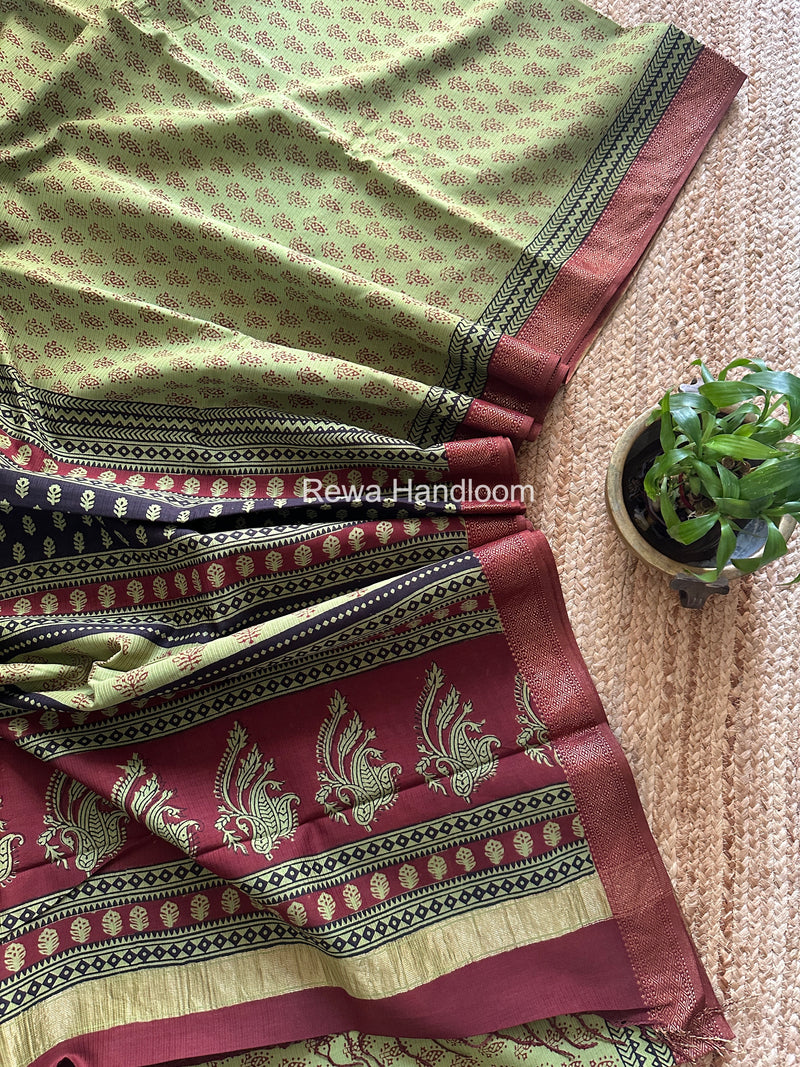 Maheshwari Green Bagh Print Small Border Saree MTBS184