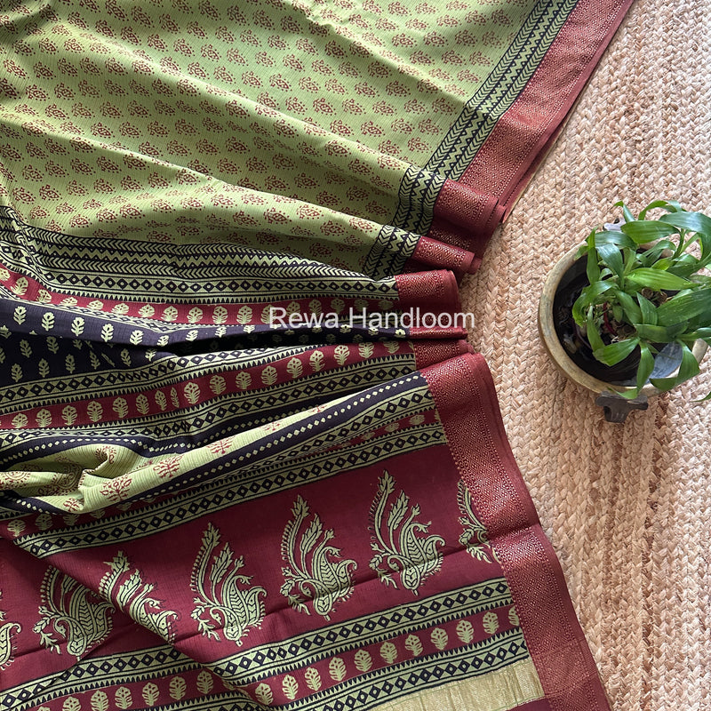 Maheshwari Green Bagh Print Small Border Saree MTBS184