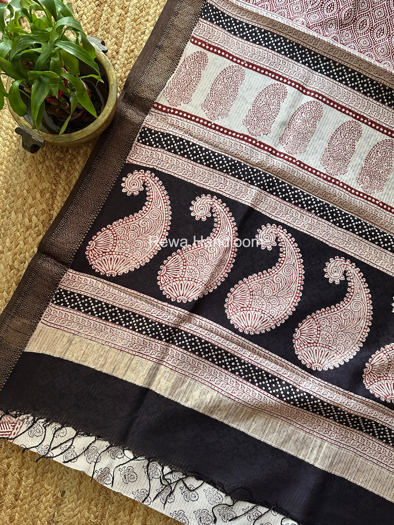 Maheshwari White Bagh Print Small Border Saree MTBS138