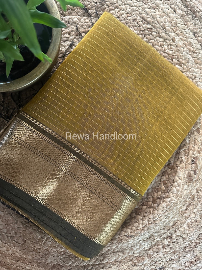 Maheshwari Mustard Yellow Zari Linning Saree GL073
