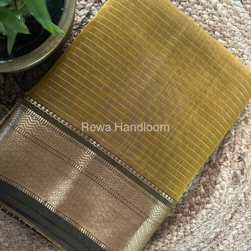 Maheshwari Mustard Yellow Zari Linning Saree GL073