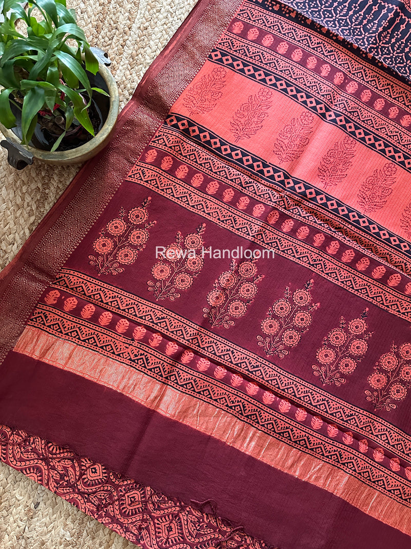Maheshwari Orange Bagh Print Small Border Saree MTBS149