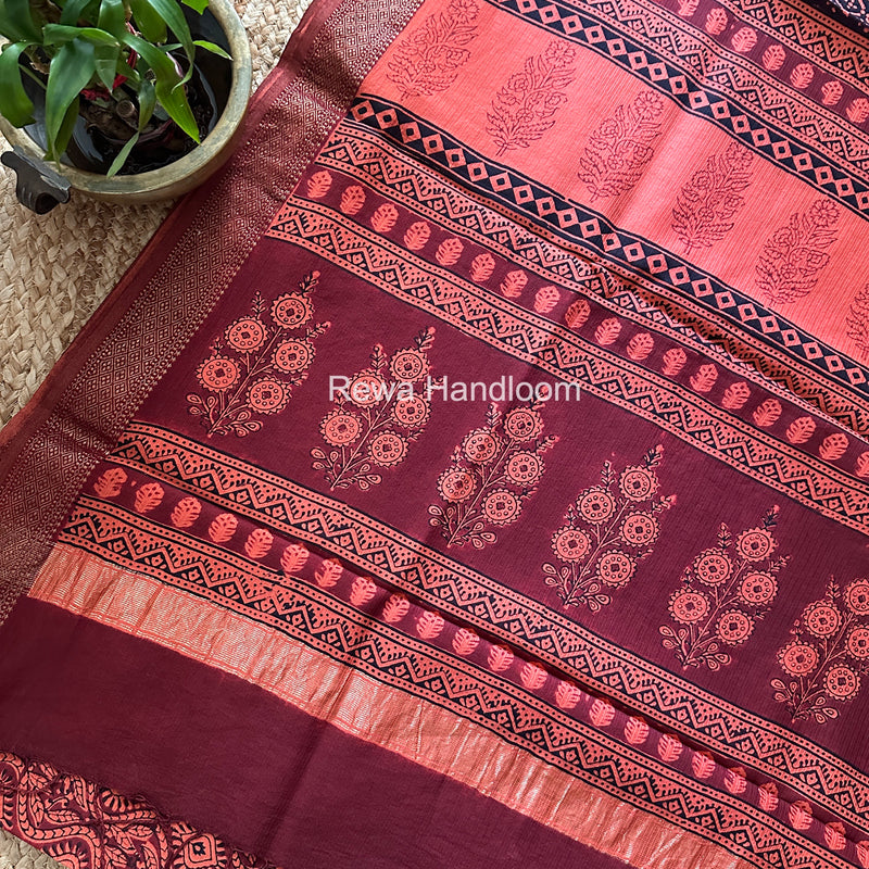 Maheshwari Orange Bagh Print Small Border Saree MTBS149