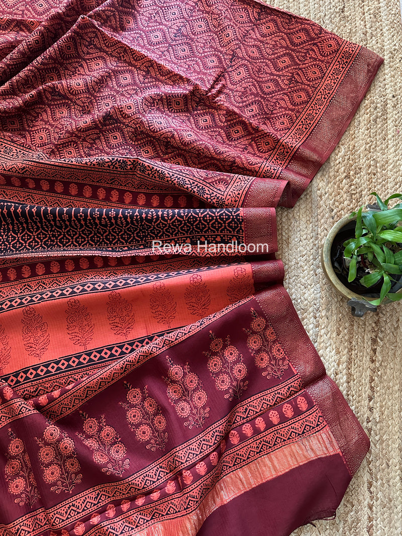 Maheshwari Orange Bagh Print Small Border Saree MTBS149