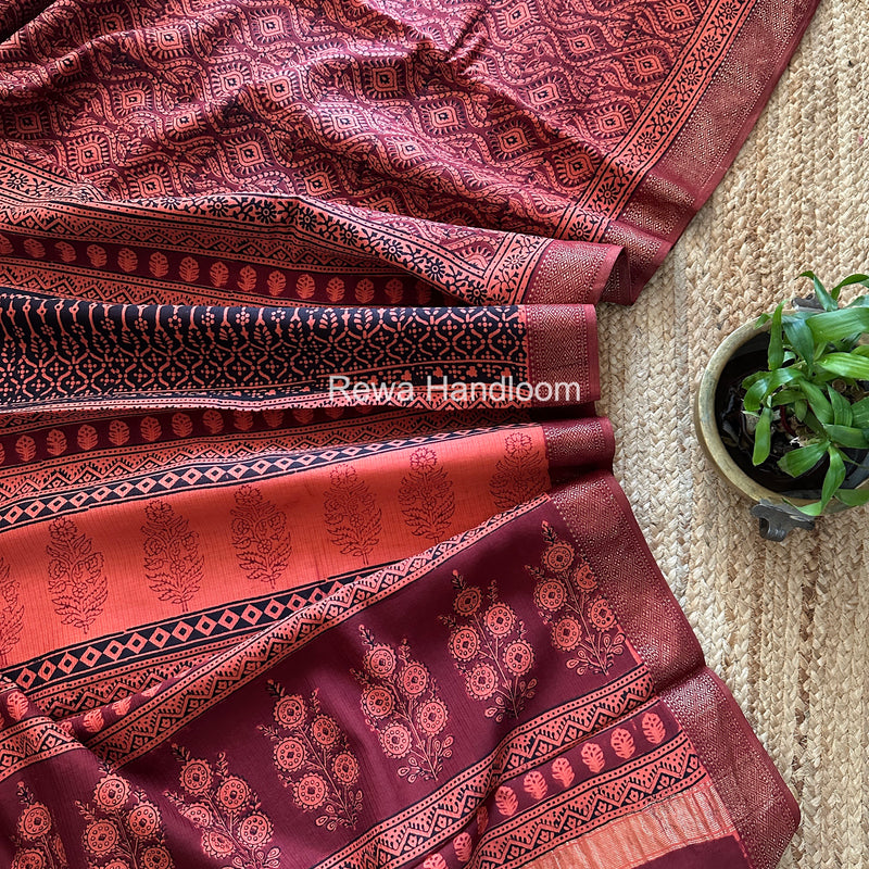 Maheshwari Orange Bagh Print Small Border Saree MTBS149