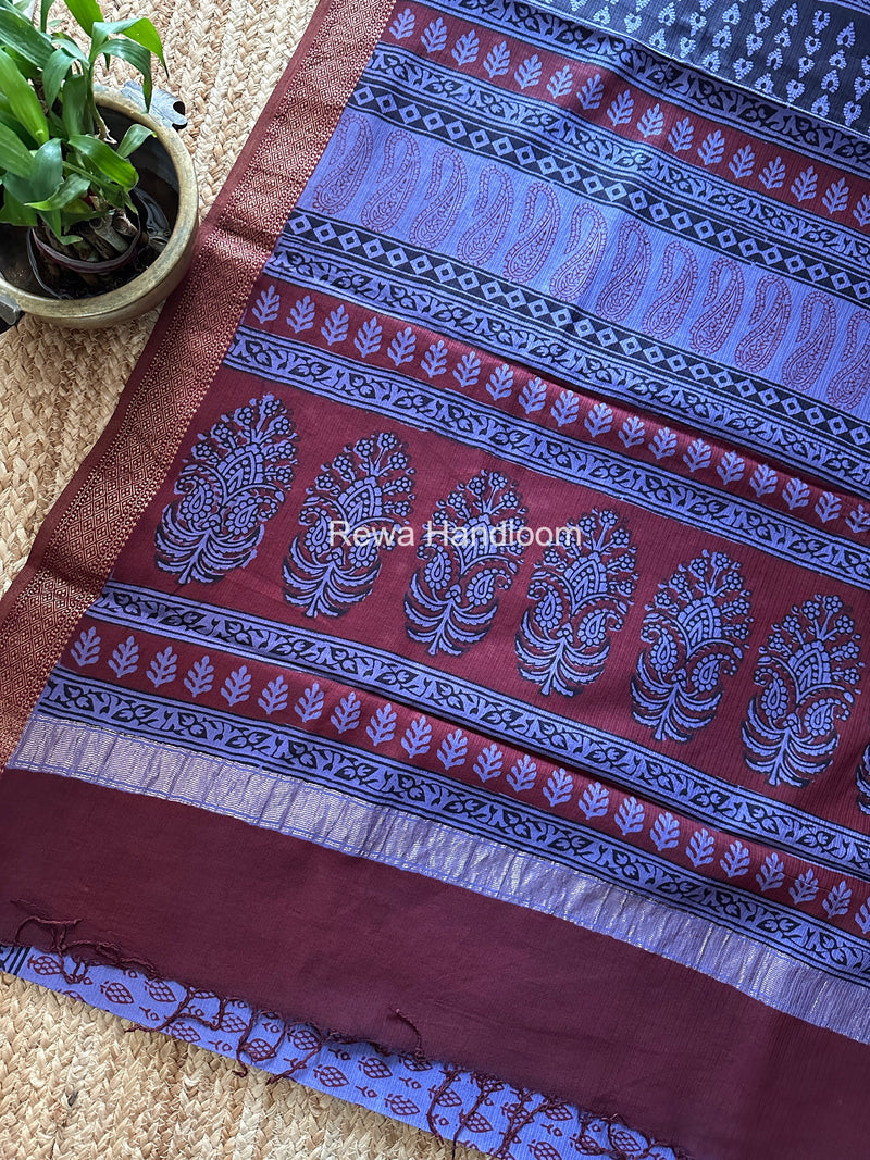 Maheshwari Purple Bagh Print Small Border Saree MTBS152