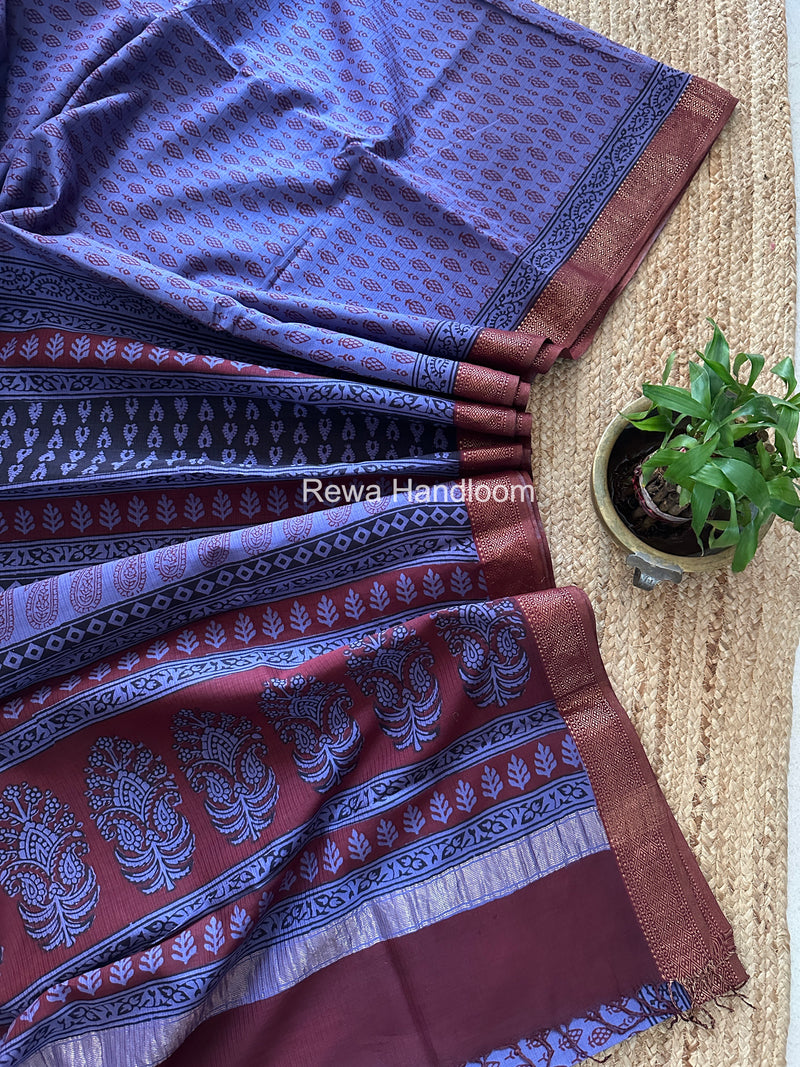 Maheshwari Purple Bagh Print Small Border Saree MTBS152