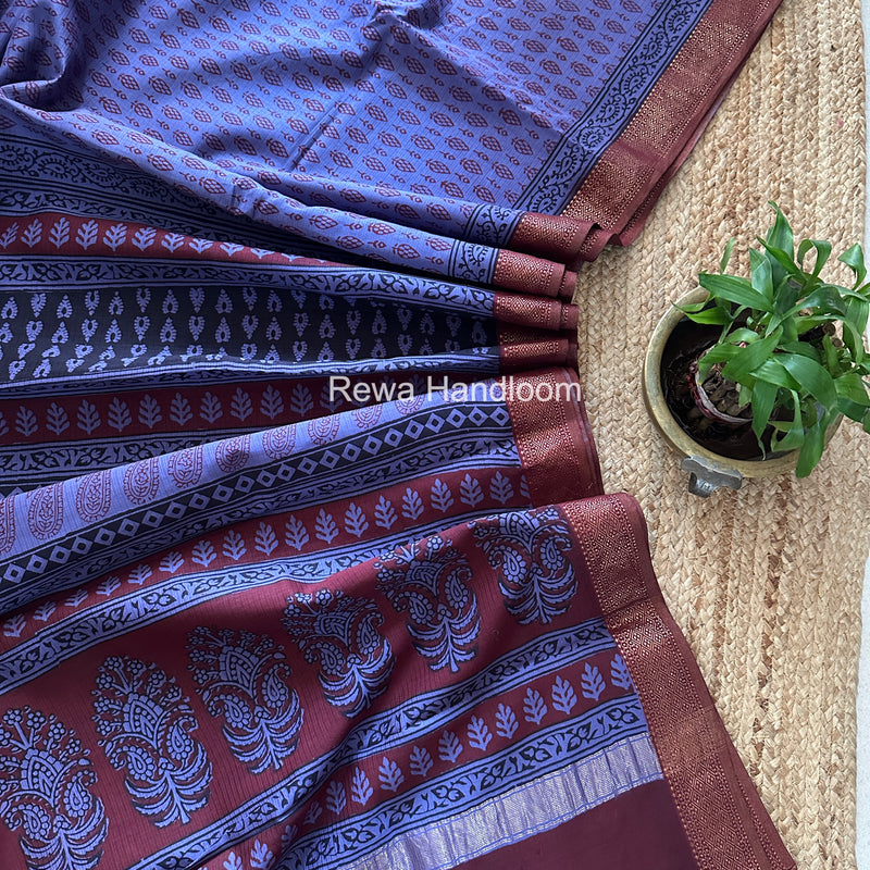 Maheshwari Purple Bagh Print Small Border Saree MTBS152