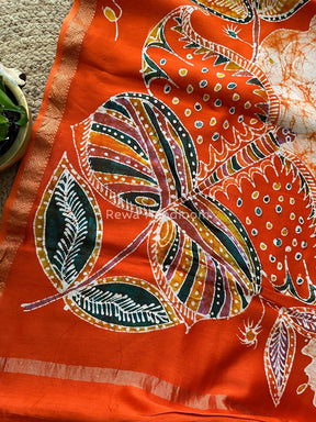 Maheshwari Orange Batik Indonesian Print Saree IBS012