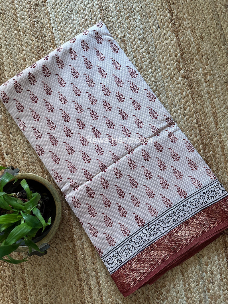 Maheshwari White Bagh Print Small Border Saree MTBS151