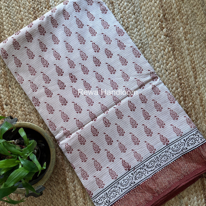 Maheshwari White Bagh Print Small Border Saree MTBS151