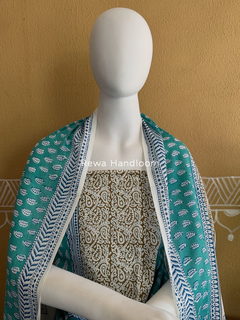 Aqua Green-white Indigo Bagh Print Suit BCI061